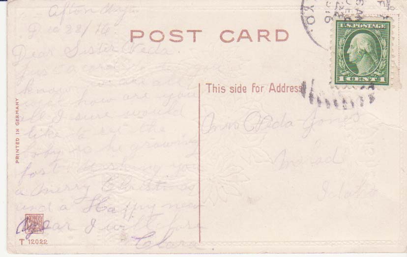 Card from sister Clara to Vedia Jones in 1916