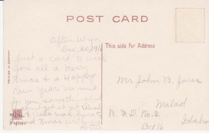 Card from Lottie to Mr. John Jones, Vedia's husband in 1916