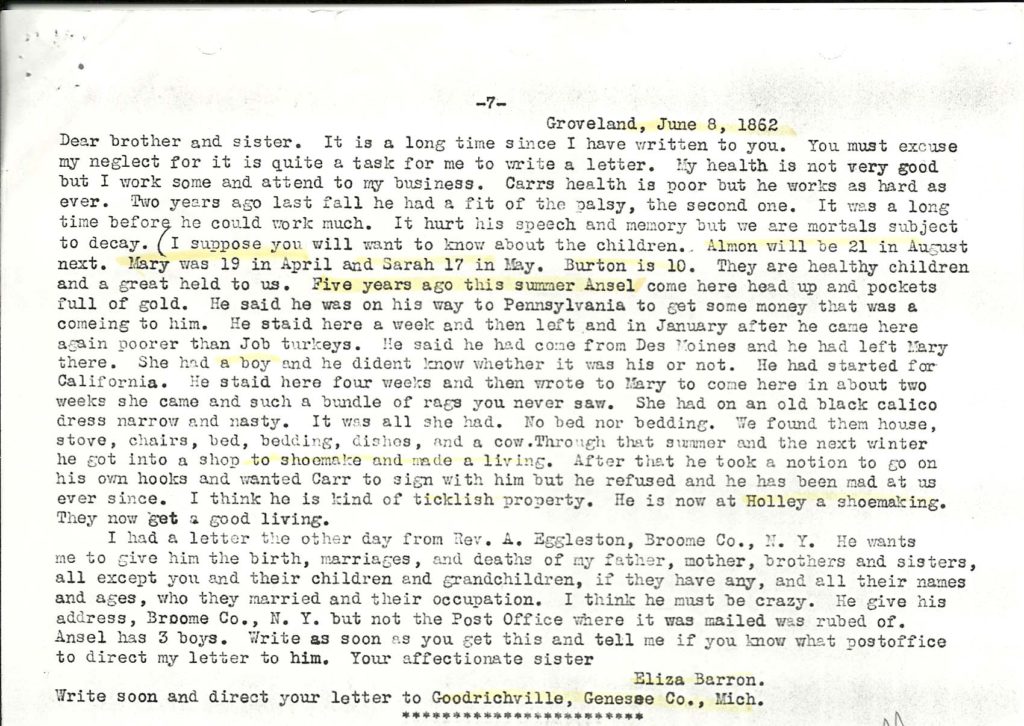 1862 family letters from Eliza Barron to Samuel Eggleston