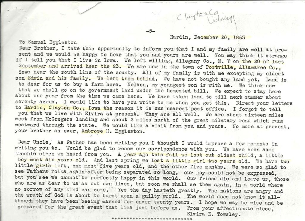 1863 family letters from Ambrose Eggleston & Elvira Towsley to Samuel Eggleston