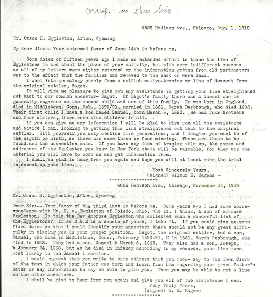 1910 W E Hagens Eggleston genealogical research