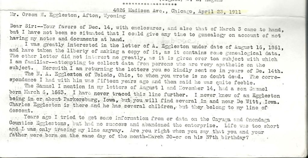 1911 W E Hagens Eggleston genealogical research p1