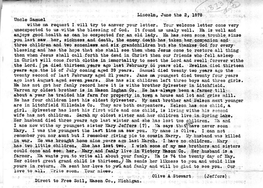 1873 family letters Olive Stewart to Samuel Eggleston